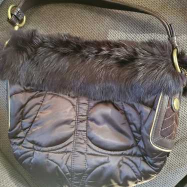 Coach Brown Rabbit Fur Trim Quilted Hobo Bag - EX… - image 1