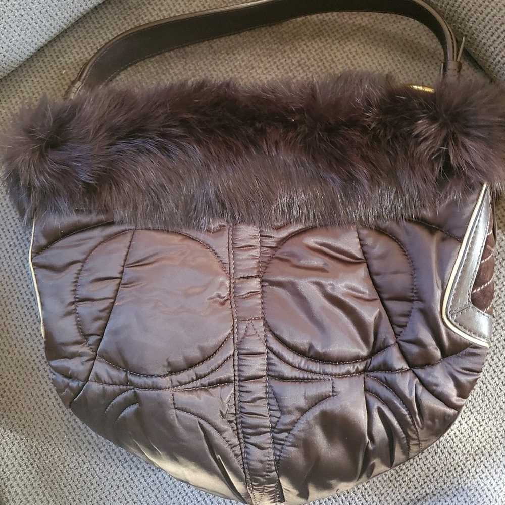 Coach Brown Rabbit Fur Trim Quilted Hobo Bag - EX… - image 2