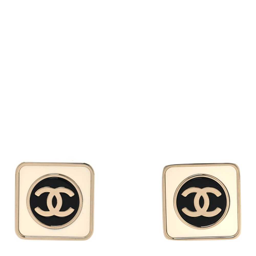 CHANEL Metal Enamel CC Square Earrings Gold White… - image 1