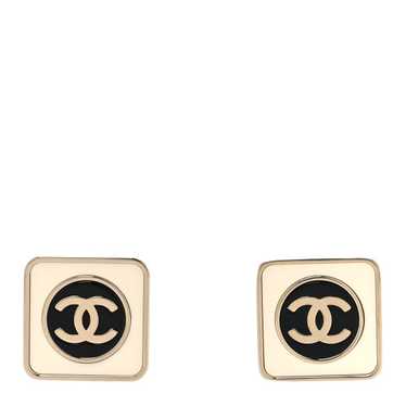 CHANEL Metal Enamel CC Square Earrings Gold White… - image 1