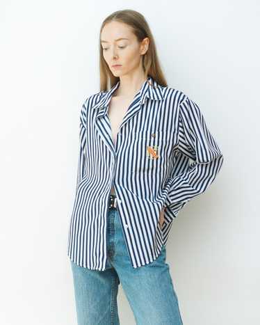 Navy and White Stripe Crest Button Up Blouse