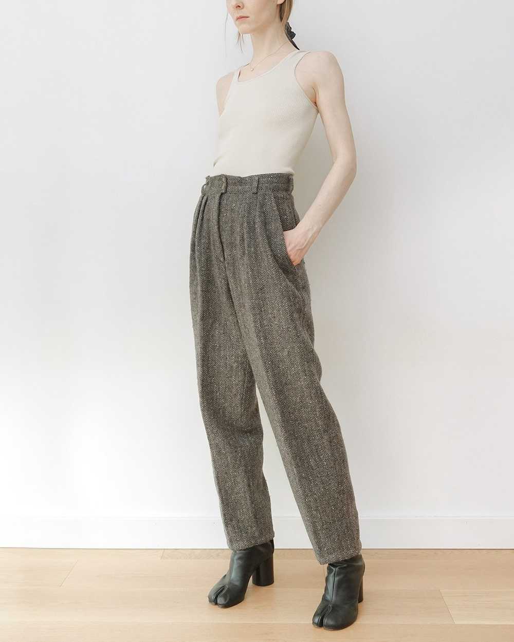 Grey Herringbone Tweed Wool Pleated Trousers - image 1