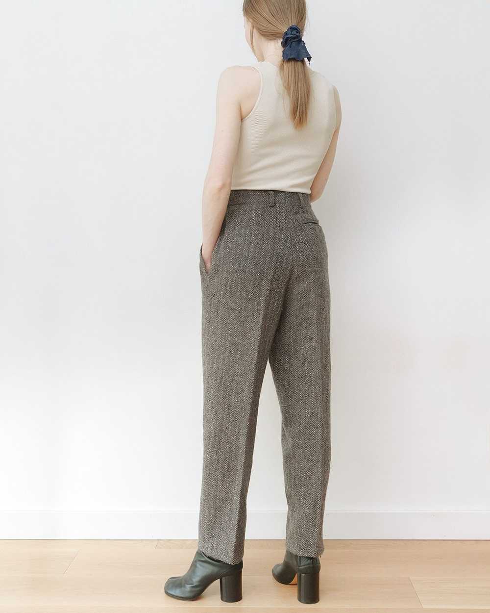 Grey Herringbone Tweed Wool Pleated Trousers - image 2