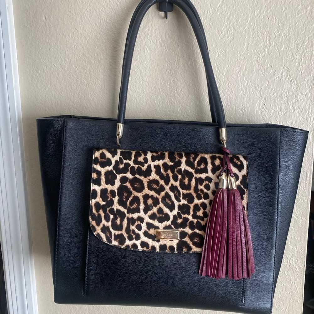 Kate spade black leather tote leopard & tassel - image 1