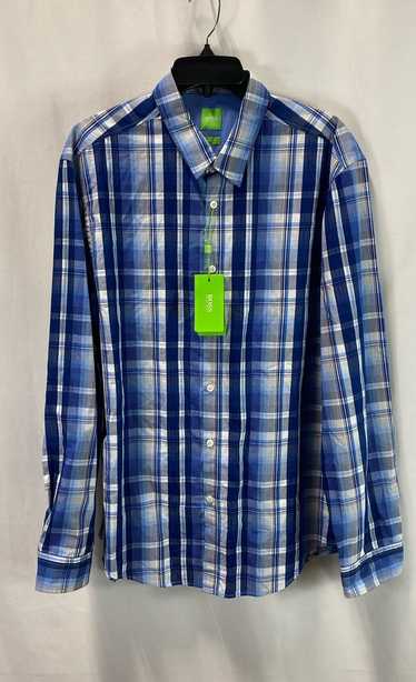 NWT Hugo Boss Mens Blue White Plaid Cotton Regular