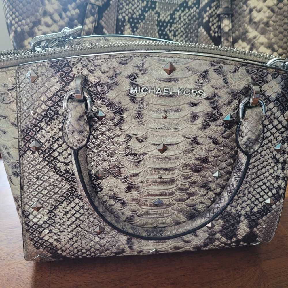 2 Michael Kors Beige Python Embossed Leather Satc… - image 2