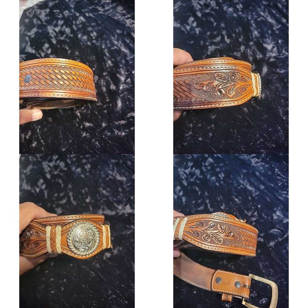 Vintage Vintage Womens Leather Belt 34 Tooled Sil… - image 4