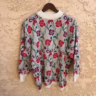 Vintage Vintage Rose Knitted Sweater 90s USA Medi… - image 1