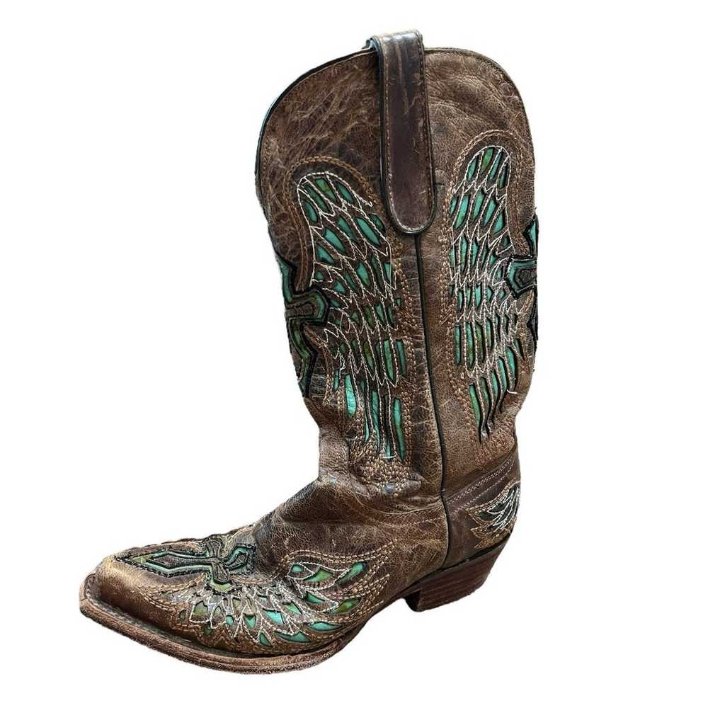 Ferrini Boots Brown Green Floral Laser Leather Cl… - image 1