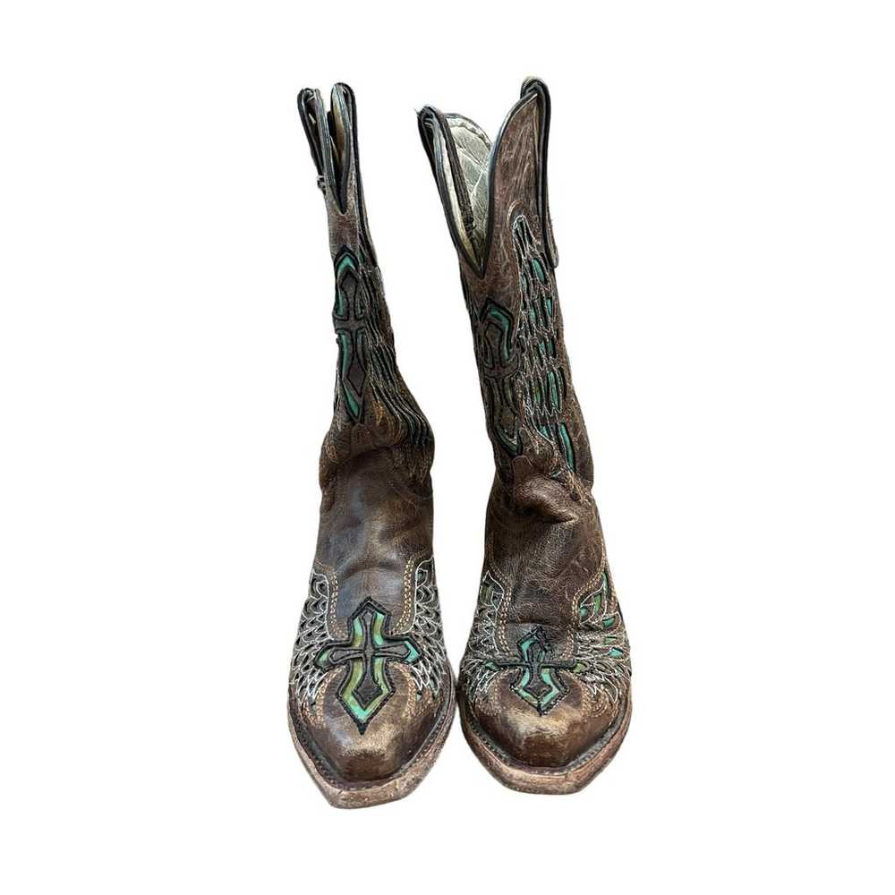 Ferrini Boots Brown Green Floral Laser Leather Cl… - image 2