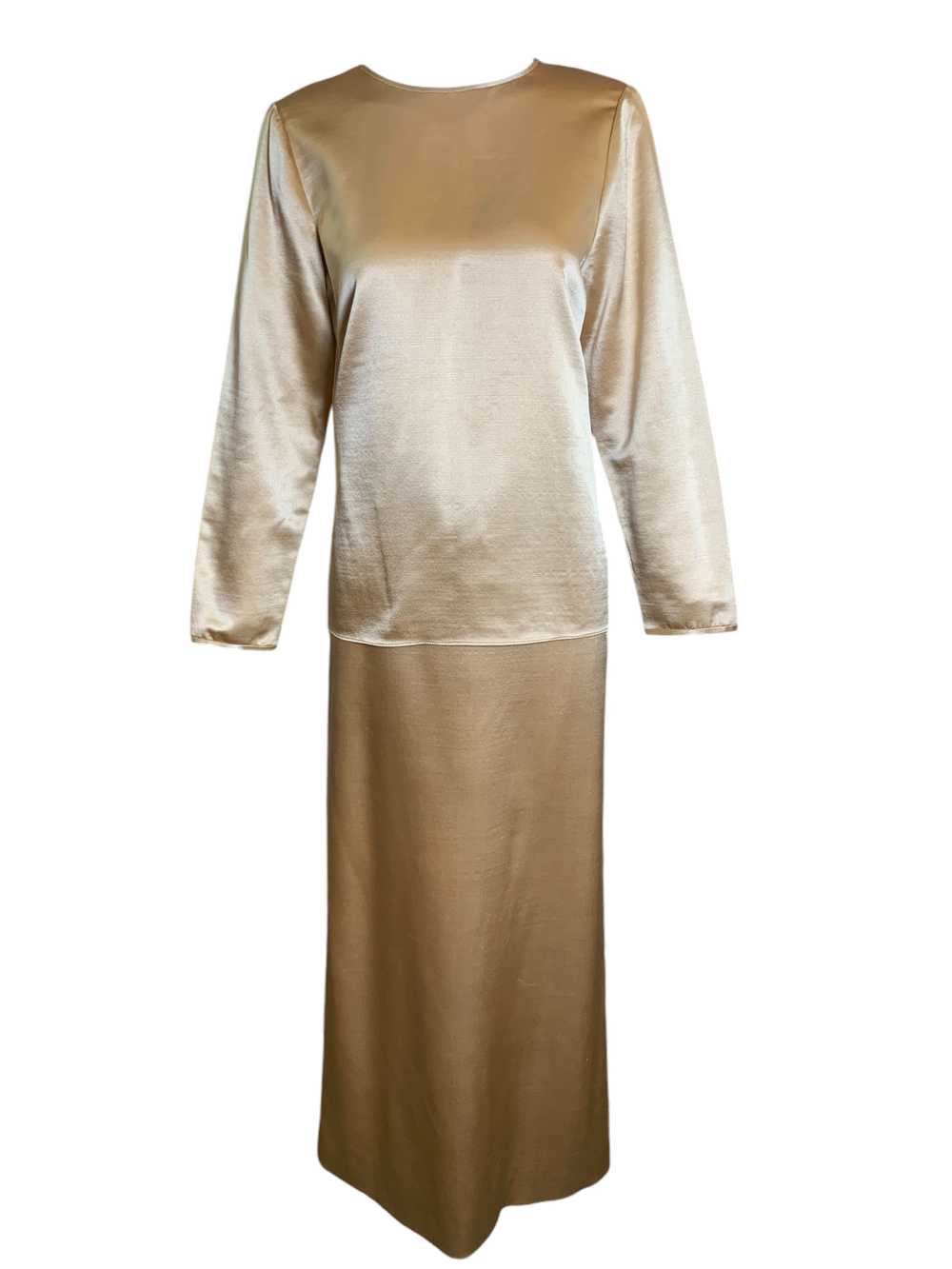 Geoffrey Beene Gold Silk Satin Monastic Blouse + … - image 1