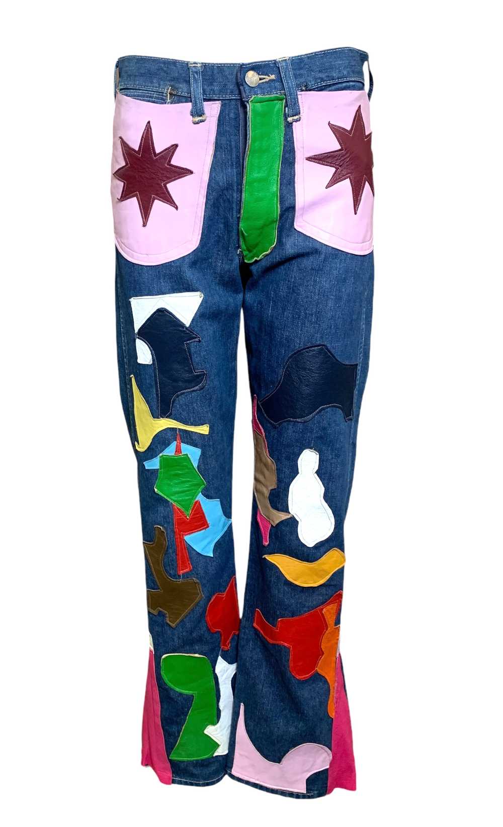 60s Wrangler Jeans with Abstract Technicolor Leat… - image 1