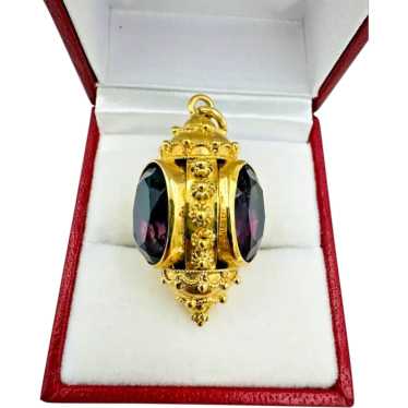 Vintage 18k Gold Etruscan Amethyst Fob Charm Pend… - image 1