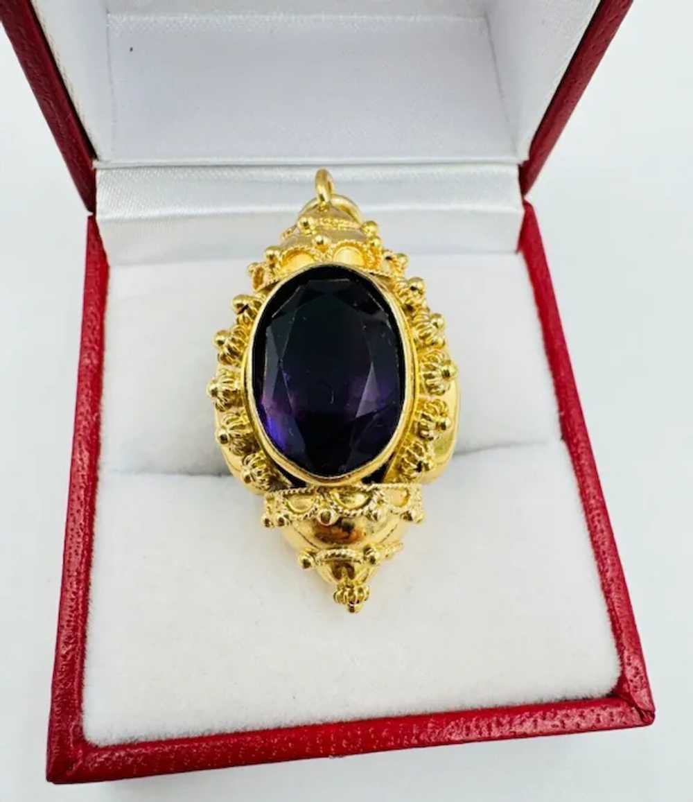 Vintage 18k Gold Etruscan Amethyst Fob Charm Pend… - image 3