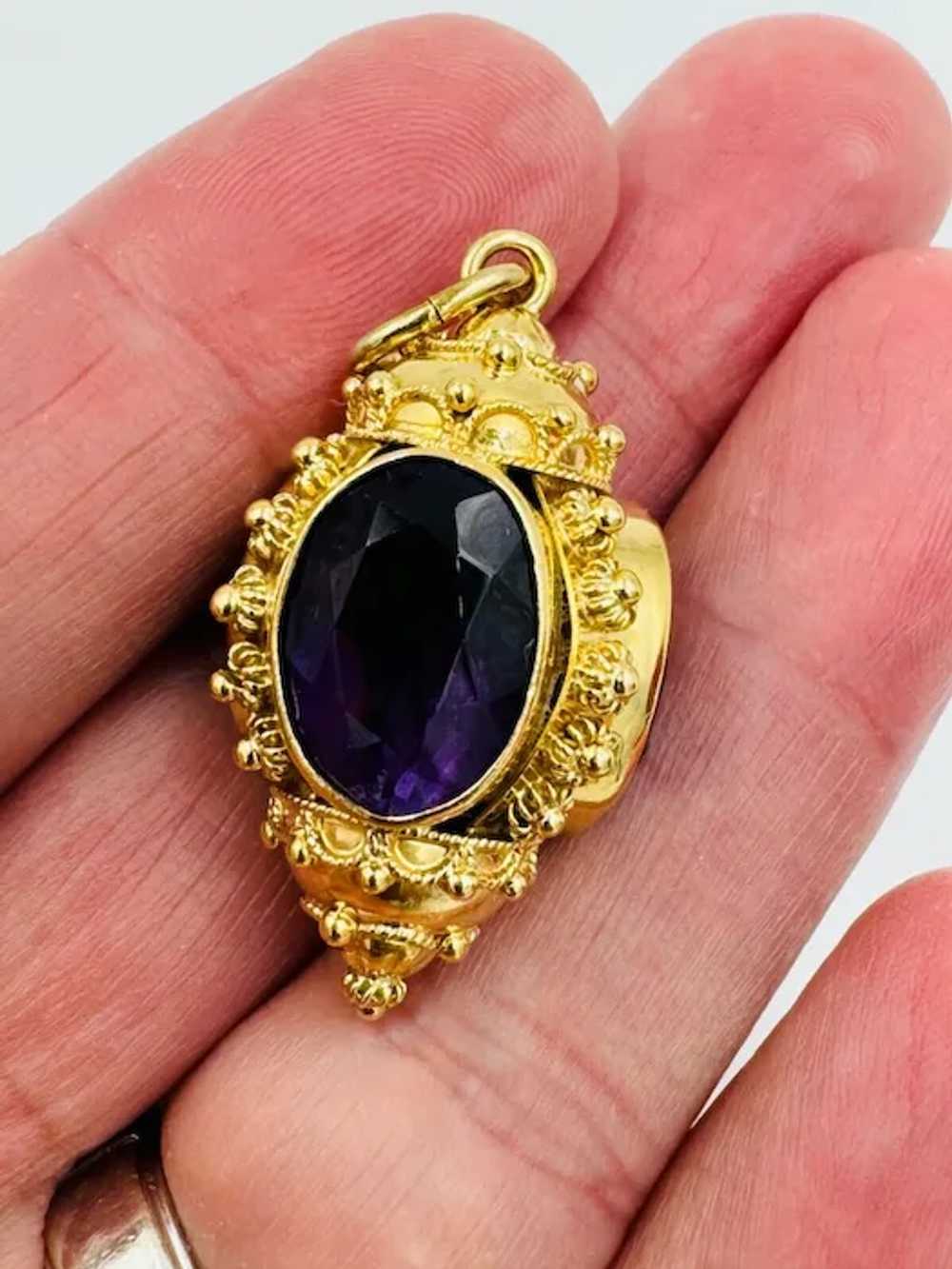 Vintage 18k Gold Etruscan Amethyst Fob Charm Pend… - image 7