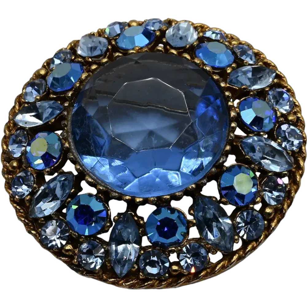 Regency Blue Rhinestone Brooch - Huge Center Stone - image 1