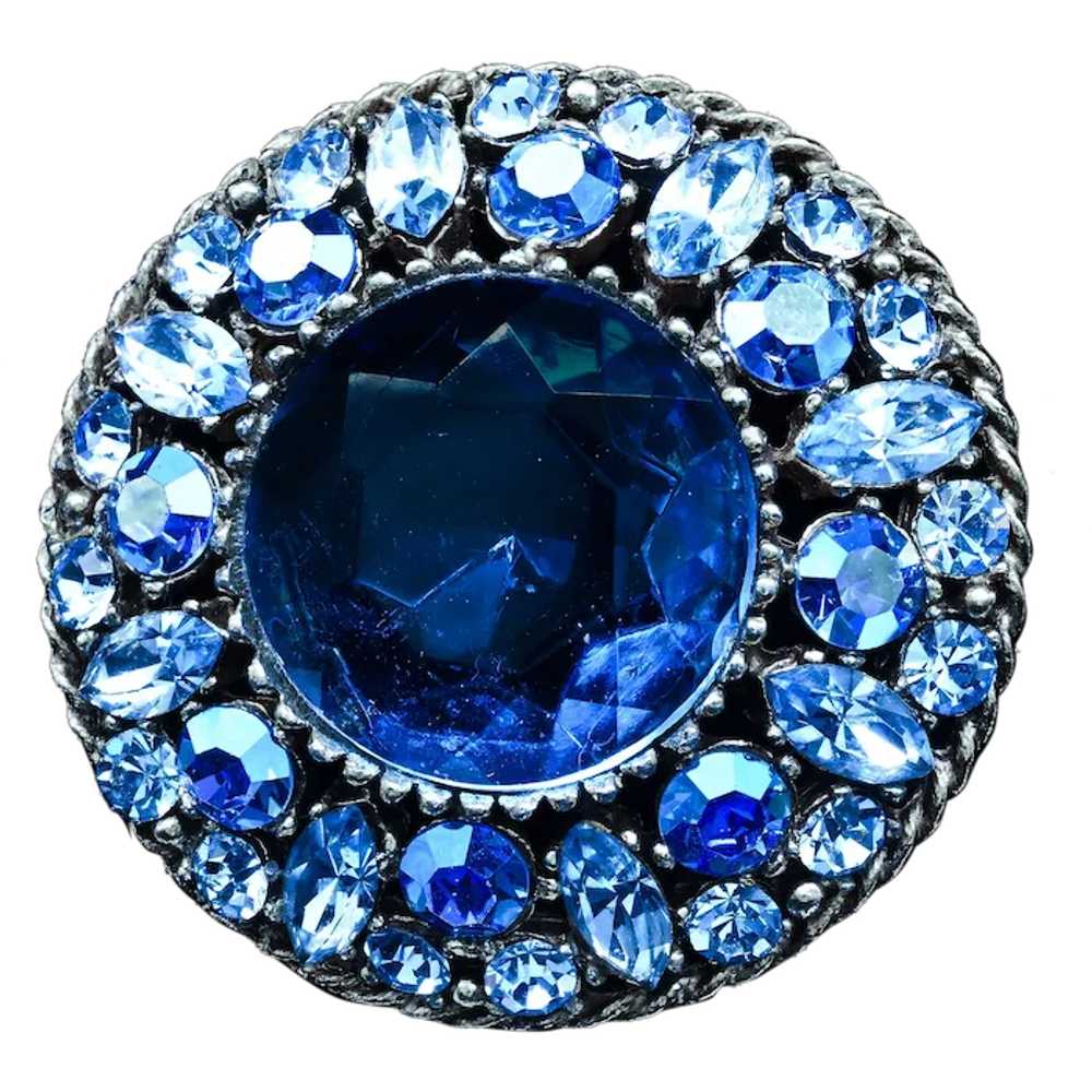 Regency Blue Rhinestone Brooch - Huge Center Stone - image 2