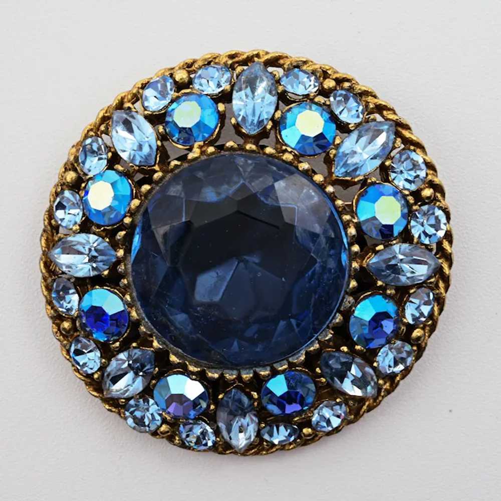 Regency Blue Rhinestone Brooch - Huge Center Stone - image 3