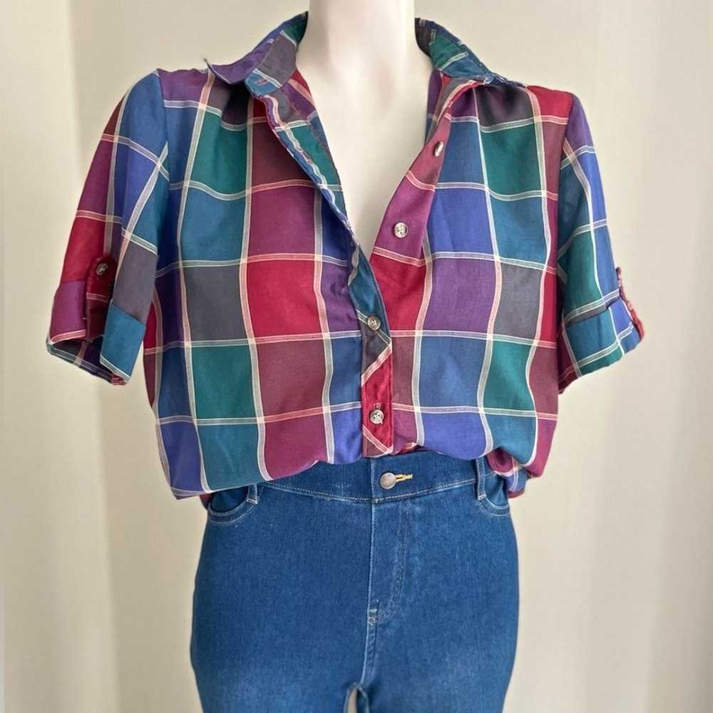 Vintage Rrrrruss 70s 80s plaid button front sheer… - image 1