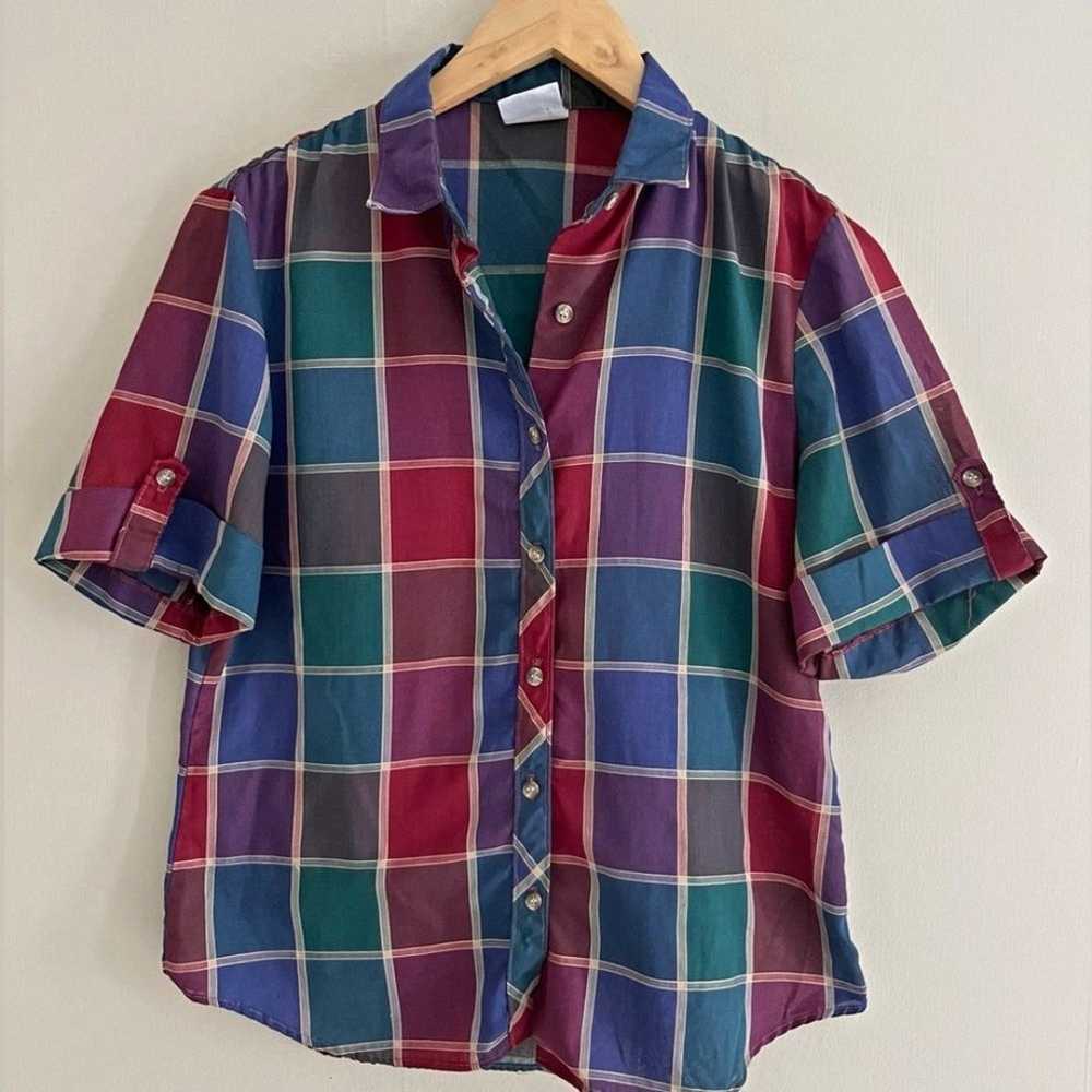 Vintage Rrrrruss 70s 80s plaid button front sheer… - image 3