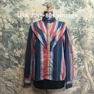 Vintage USA Striped Puff Mao Collar Frill Shirt B… - image 1