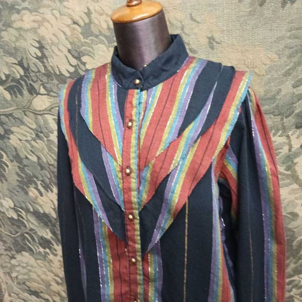 Vintage USA Striped Puff Mao Collar Frill Shirt B… - image 2