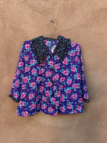 Purple 70's Blouse with Pink Flowers - Hand Made