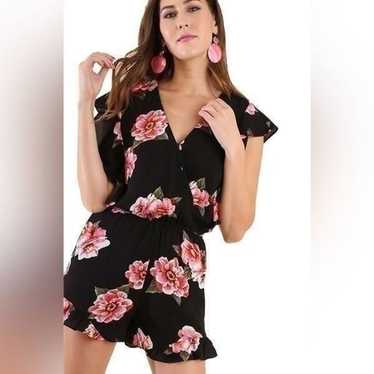 Umgee Black Floral Surplice Ruffle Romper