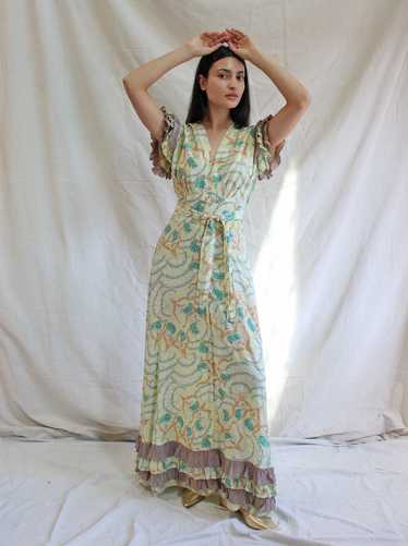 40s Novelty Print Ruffled Gown