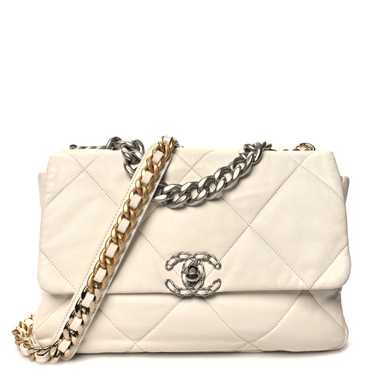 CHANEL Goatskin Quilted Large Chanel 19 Flap White