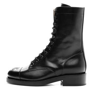 CHANEL Calfskin Lace Up Combat Boots 37.5 Black - image 1