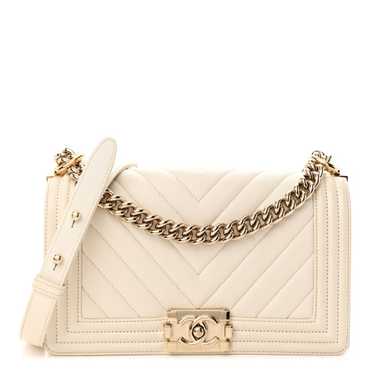 CHANEL Caviar Chevron Quilted Medium Boy Flap Whit