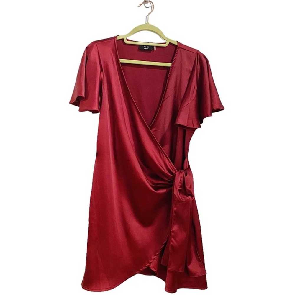 Vici Burgundy Frame of Mind Satin Mini Wrap Dress… - image 2