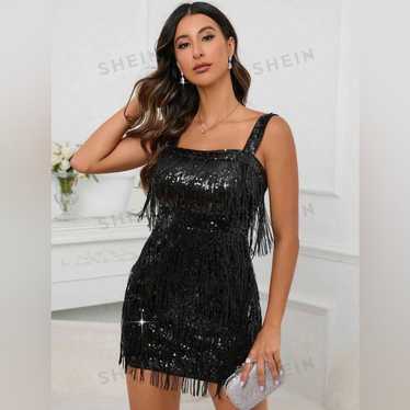 Black Fringe Trim Bodycon Sequin Cami Dress