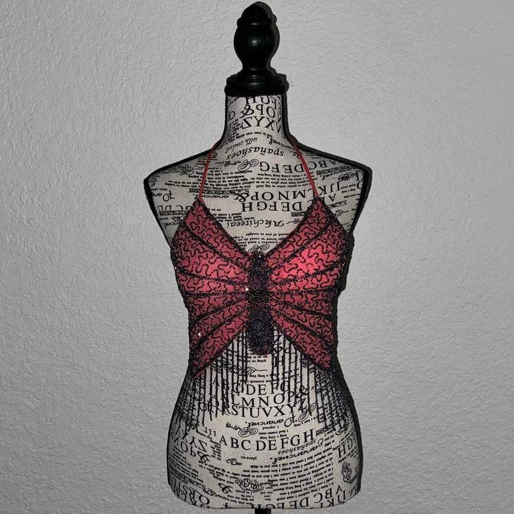 Pink beaded butterfly halter top shiny iridescent… - image 1