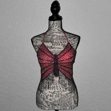 Pink beaded butterfly halter top shiny iridescent… - image 1