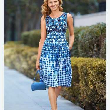 Talbots Blue Floral Gingham Sleeveless Fit Flare … - image 1