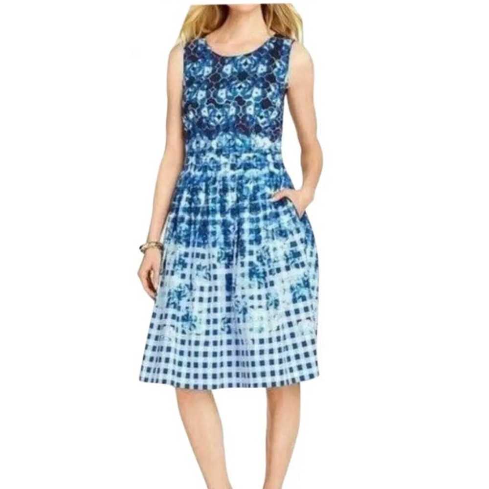 Talbots Blue Floral Gingham Sleeveless Fit Flare … - image 2