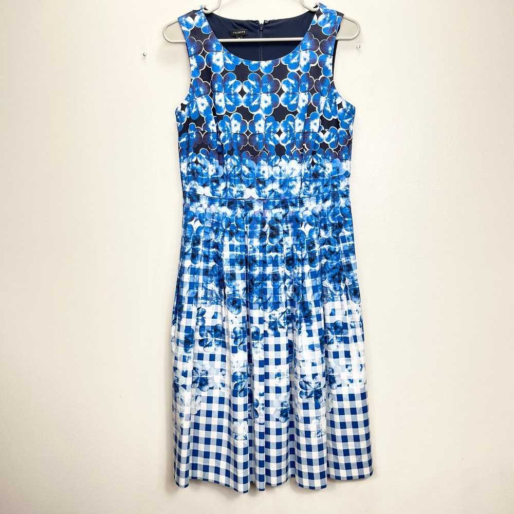 Talbots Blue Floral Gingham Sleeveless Fit Flare … - image 3