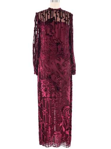 1970s Maroon Velvet Burnout Dress