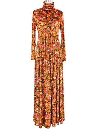 1970s Velvet Floral Maxi Dress