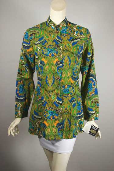 Unworn green blue paisley print Nehru shirt jacket