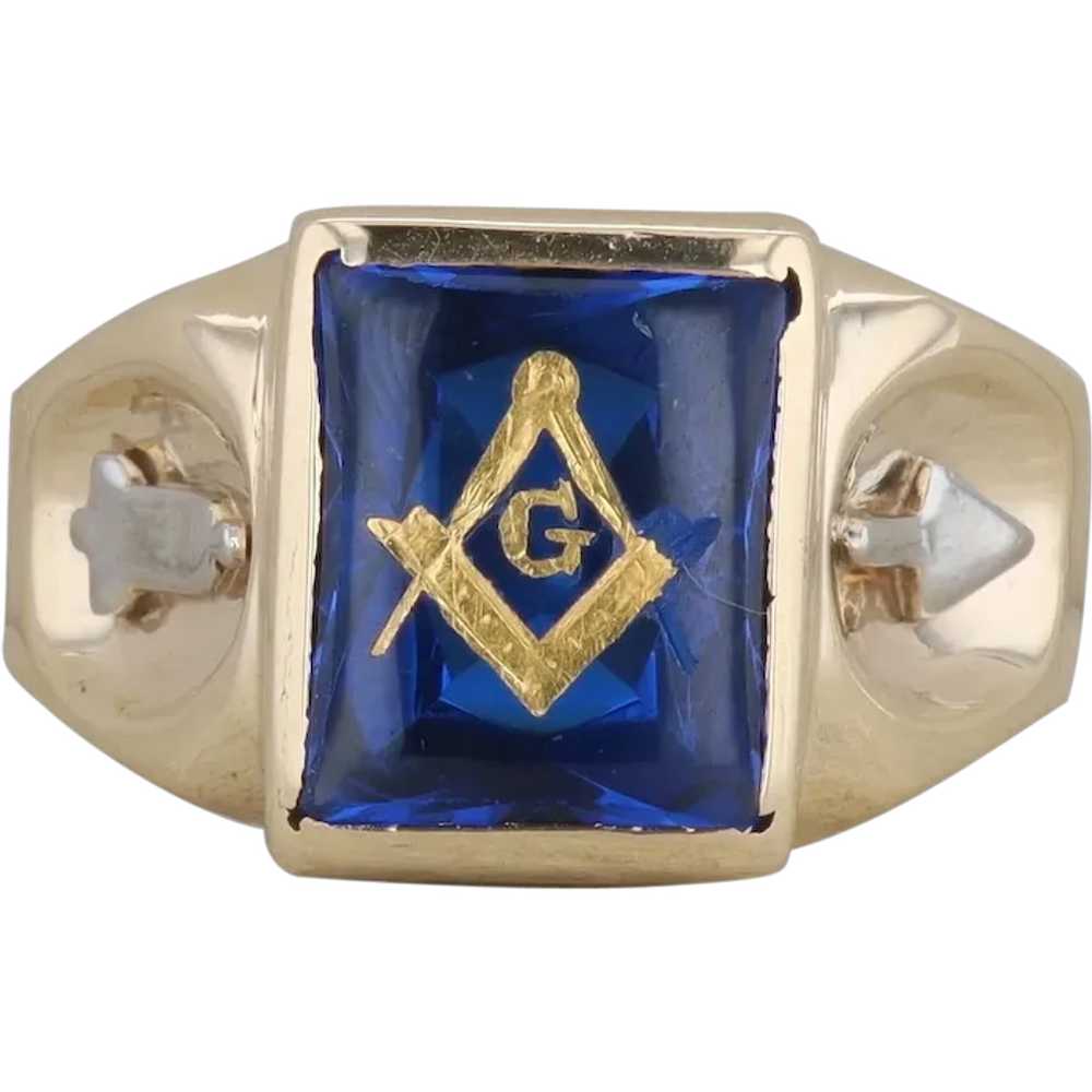 10k Yellow Gold Men's Masonic Synthetic Sapphire … - image 1