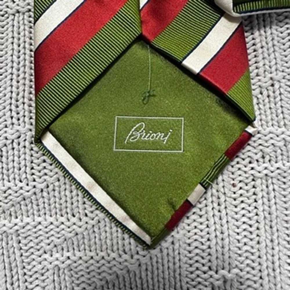 Brioni Brioni red green and white striped silk tie - image 4