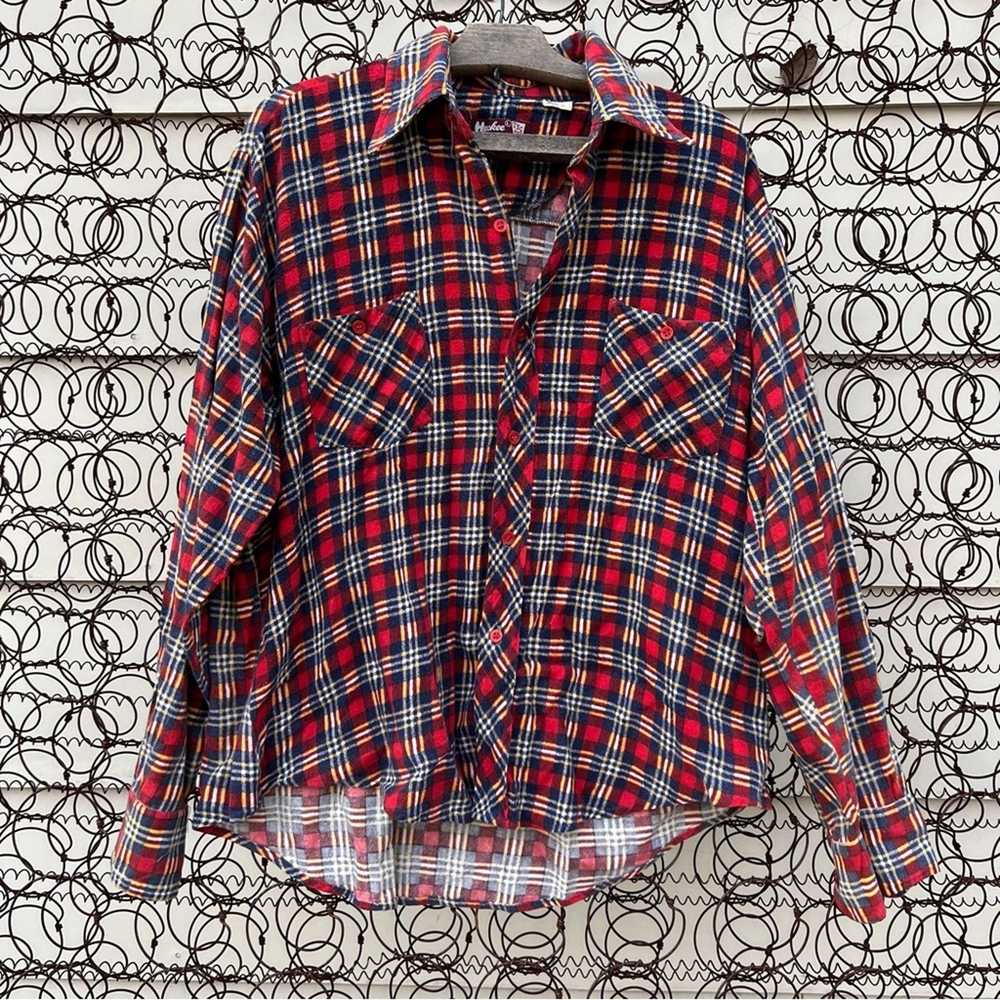 Vintage Huskee blue red plaid flannel long sleeve… - image 1