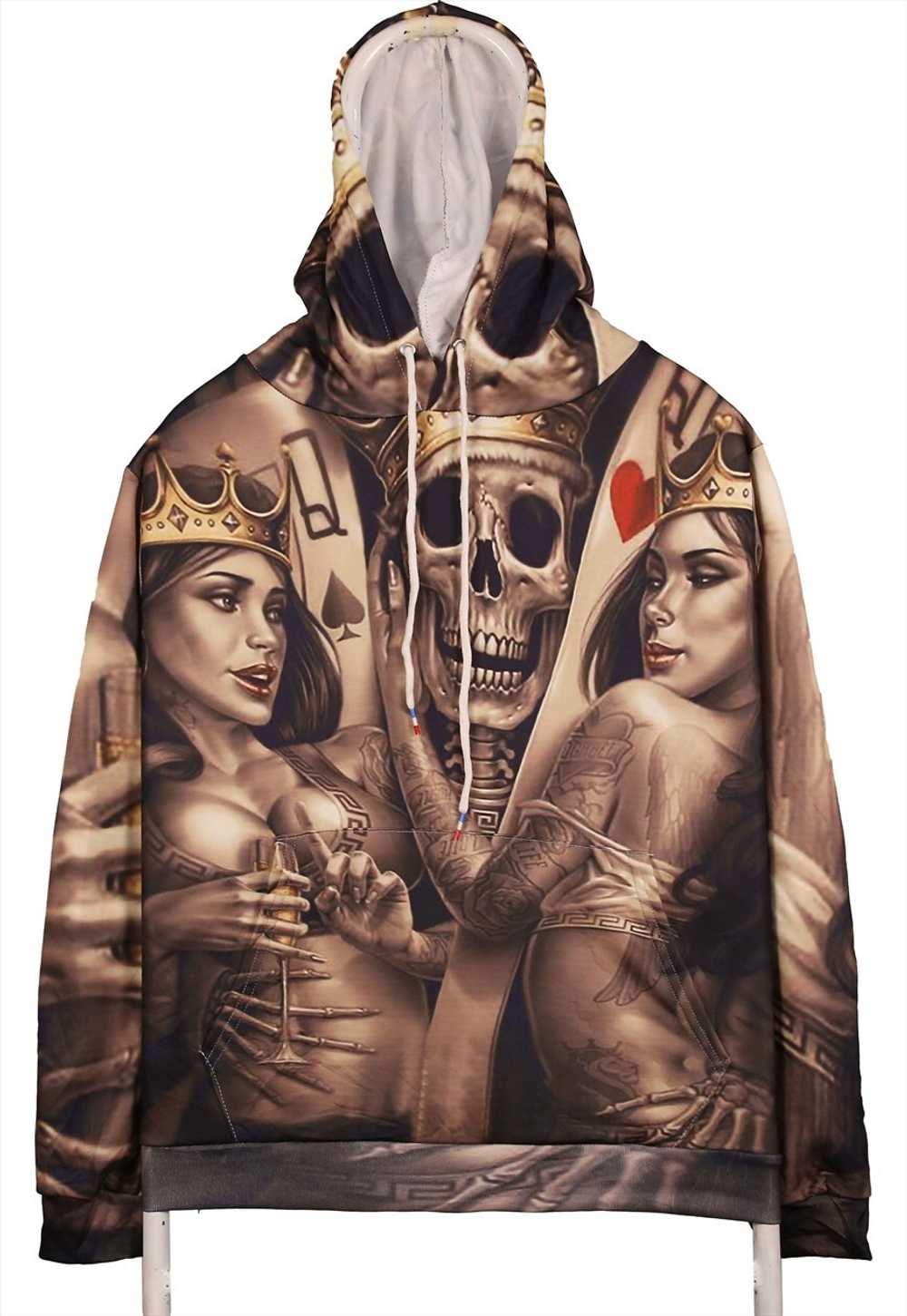 Vintage 90's Skeleton Hoodie Poker Skull All Over… - image 1