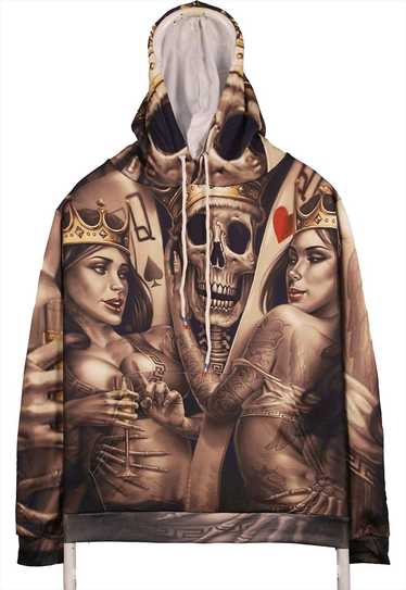 Vintage 90's Skeleton Hoodie Poker Skull All Over… - image 1