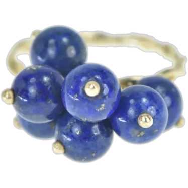 14K Lapis Lazuli Ball Bead Tassel Fringe Charm Ri… - image 1