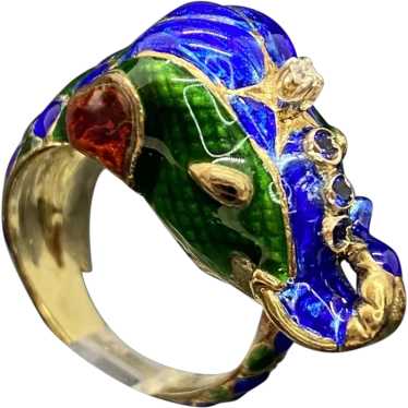 14k Enamel Diamond Sapphire Elephant Ring