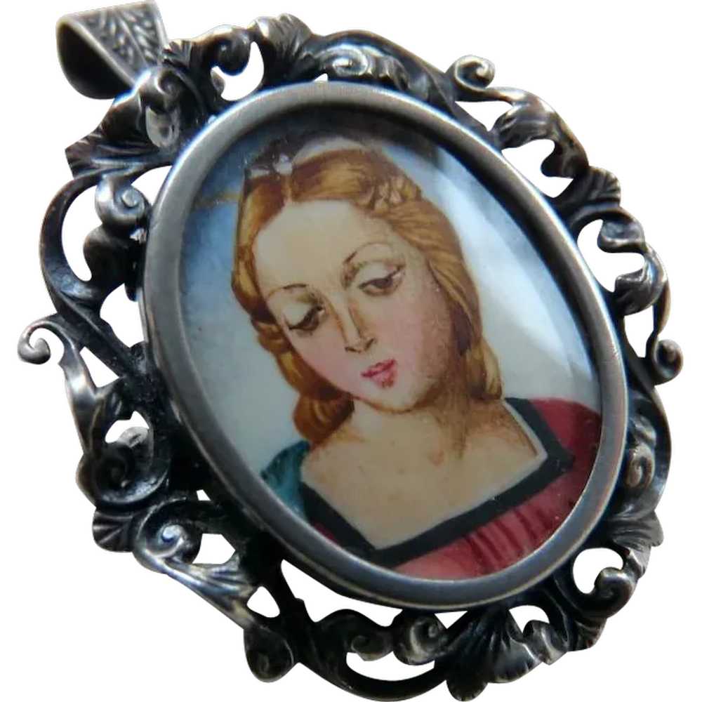 800 Silver Hand Painted Miniature Madonna Angel P… - image 1